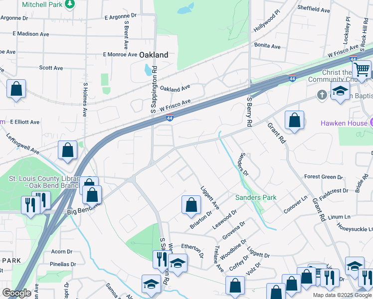 map of restaurants, bars, coffee shops, grocery stores, and more near 9526 Red Bud Tree Lane in St. Louis