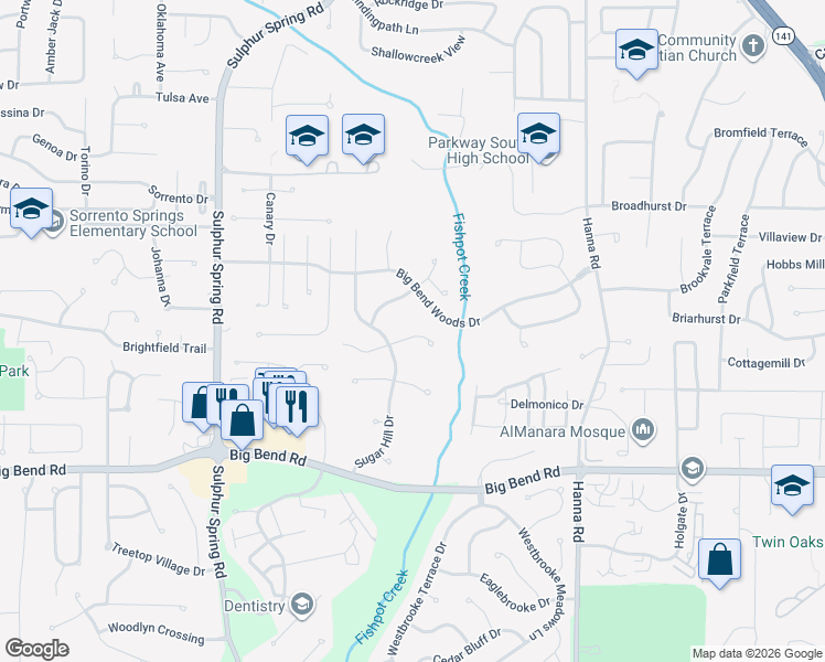 map of restaurants, bars, coffee shops, grocery stores, and more near 715 Shallowford Drive in Ballwin