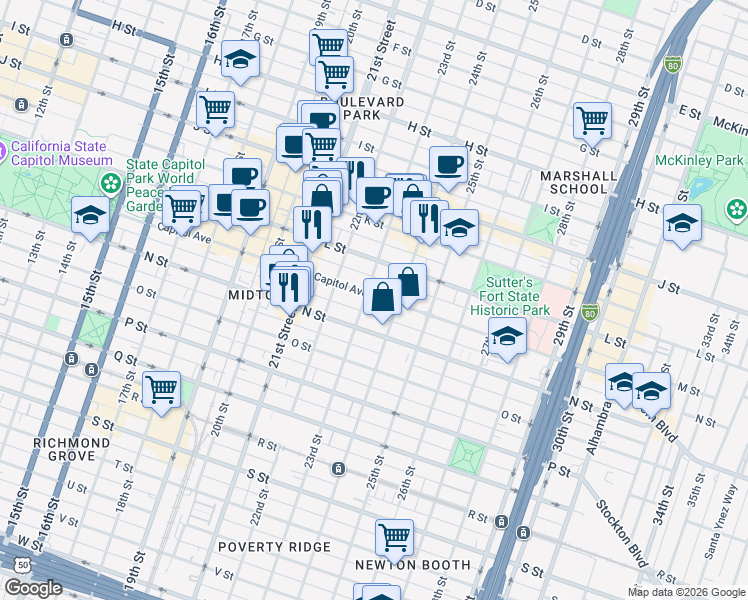 map of restaurants, bars, coffee shops, grocery stores, and more near 2223 Capitol Avenue in Sacramento