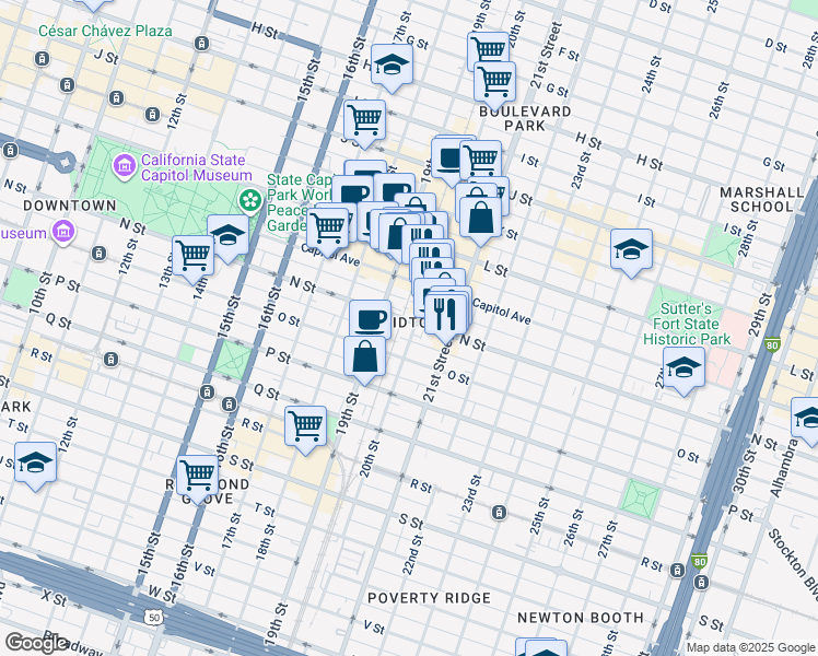 map of restaurants, bars, coffee shops, grocery stores, and more near 1962 N Street in Sacramento