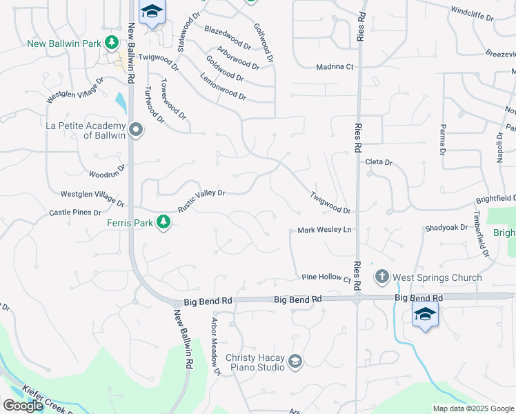 map of restaurants, bars, coffee shops, grocery stores, and more near 606 Rustic Valley Drive in Ballwin