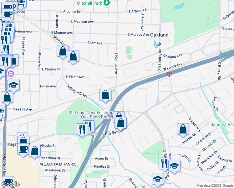 map of restaurants, bars, coffee shops, grocery stores, and more near Holmes Avenue in Saint Louis