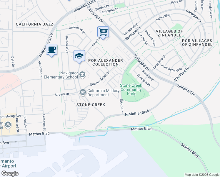 map of restaurants, bars, coffee shops, grocery stores, and more near 10814 Portico Circle in Rancho Cordova