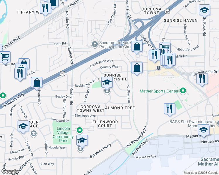 map of restaurants, bars, coffee shops, grocery stores, and more near 3312 Hartselle Way in Sacramento