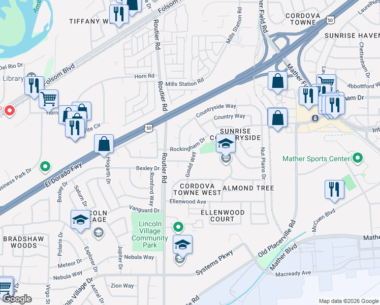 map of restaurants, bars, coffee shops, grocery stores, and more near in Rancho Cordova