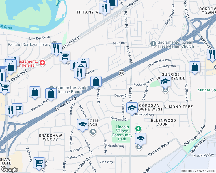 map of restaurants, bars, coffee shops, grocery stores, and more near 3201 Hogarth Drive in Sacramento