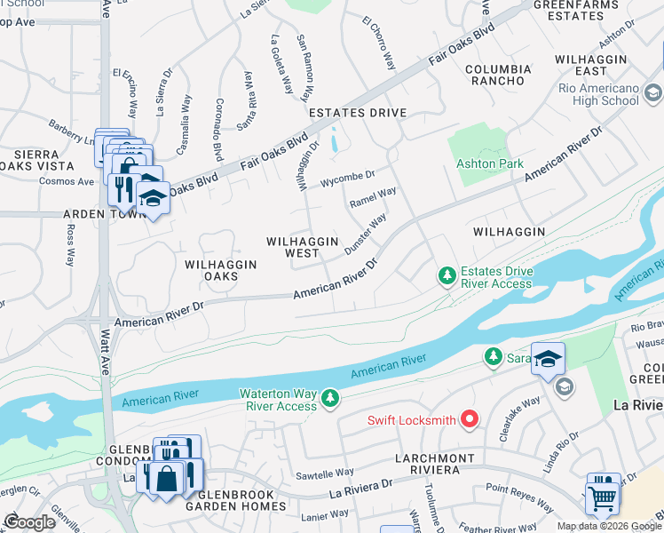 map of restaurants, bars, coffee shops, grocery stores, and more near 3901 Dunster Way in Sacramento