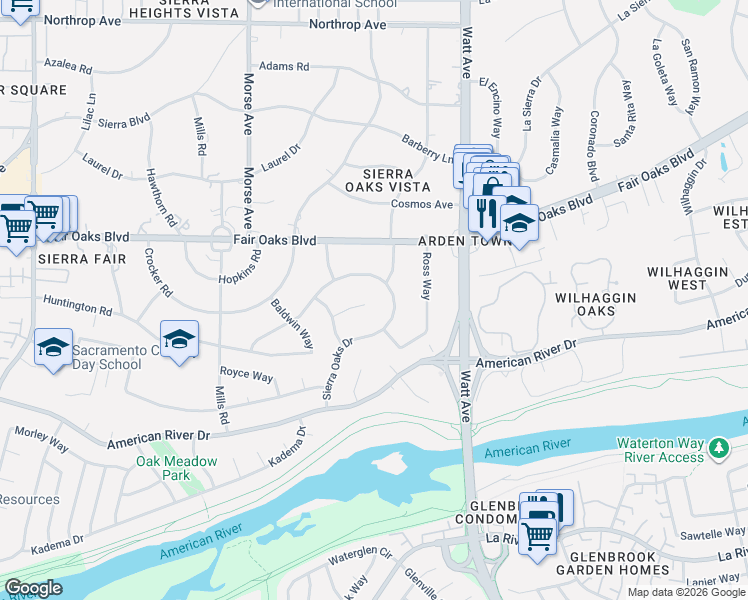map of restaurants, bars, coffee shops, grocery stores, and more near 3320 Sierra Oaks Drive in Sacramento