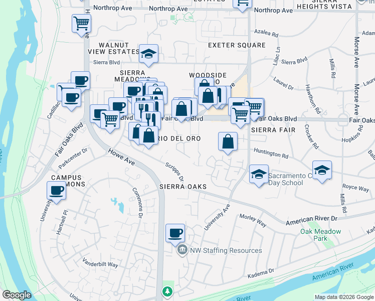 map of restaurants, bars, coffee shops, grocery stores, and more near 353 Rio Del Oro Lane in Sacramento
