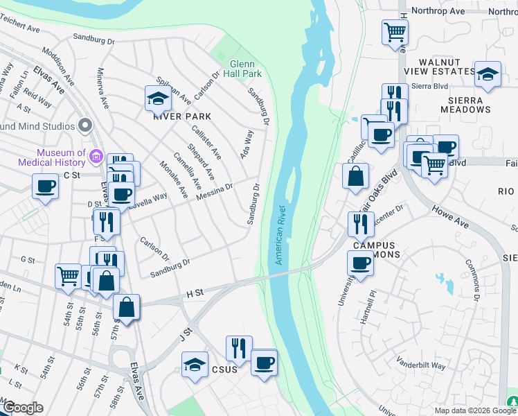 map of restaurants, bars, coffee shops, grocery stores, and more near 93 Sandburg Drive in Sacramento