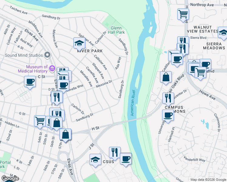 map of restaurants, bars, coffee shops, grocery stores, and more near 93 Sandburg Drive in Sacramento