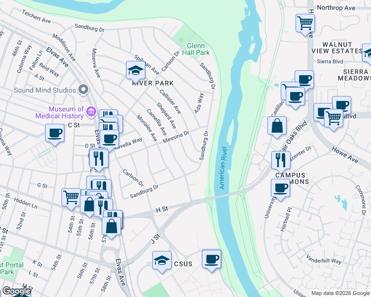 map of restaurants, bars, coffee shops, grocery stores, and more near 5871 Shepard Avenue in Sacramento