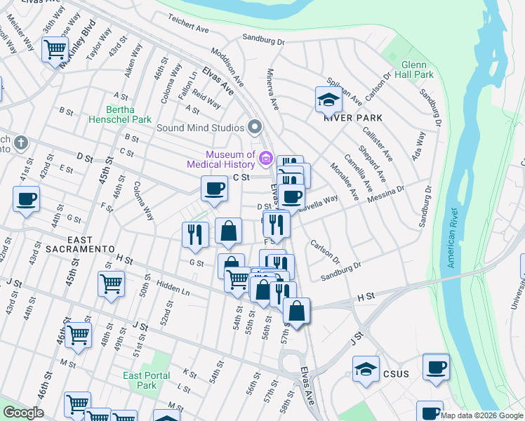 map of restaurants, bars, coffee shops, grocery stores, and more near 5537 D Street in Sacramento