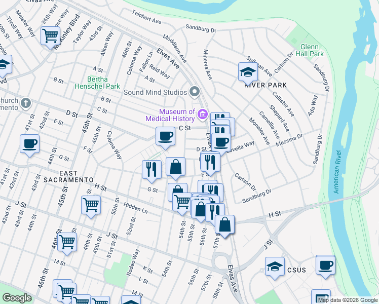 map of restaurants, bars, coffee shops, grocery stores, and more near 5315 D Street in Sacramento