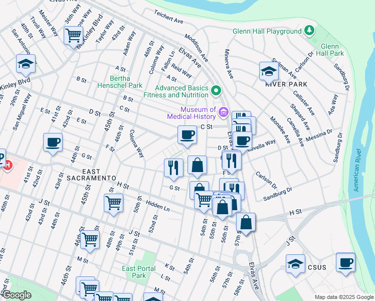 map of restaurants, bars, coffee shops, grocery stores, and more near 5209 Sutter Park Way in Sacramento