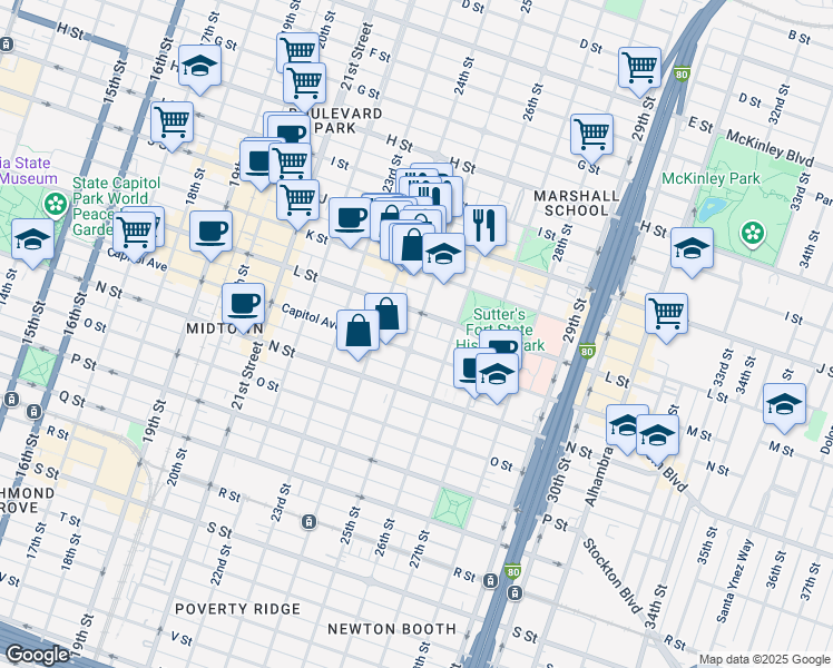 map of restaurants, bars, coffee shops, grocery stores, and more near 2430 L Street in Sacramento