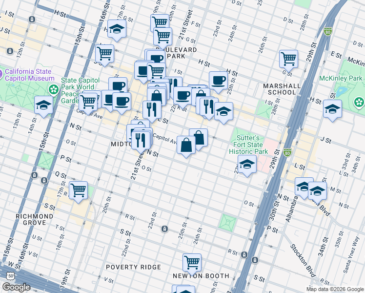 map of restaurants, bars, coffee shops, grocery stores, and more near 2223 Capitol Avenue in Sacramento