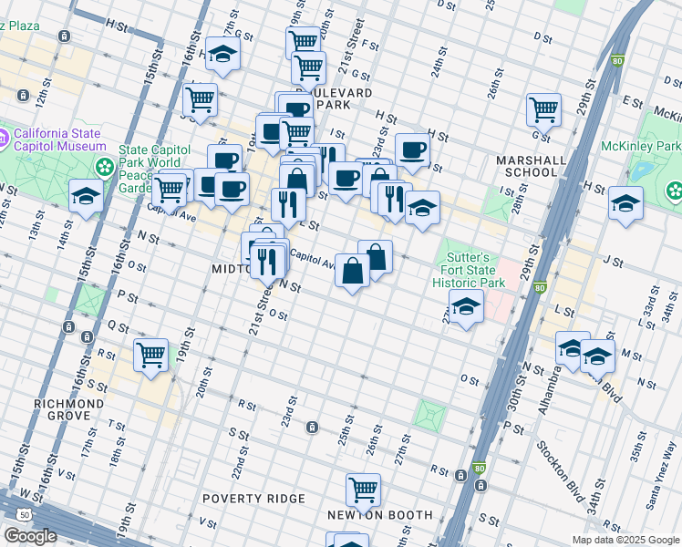 map of restaurants, bars, coffee shops, grocery stores, and more near 2223 Capitol Avenue in Sacramento