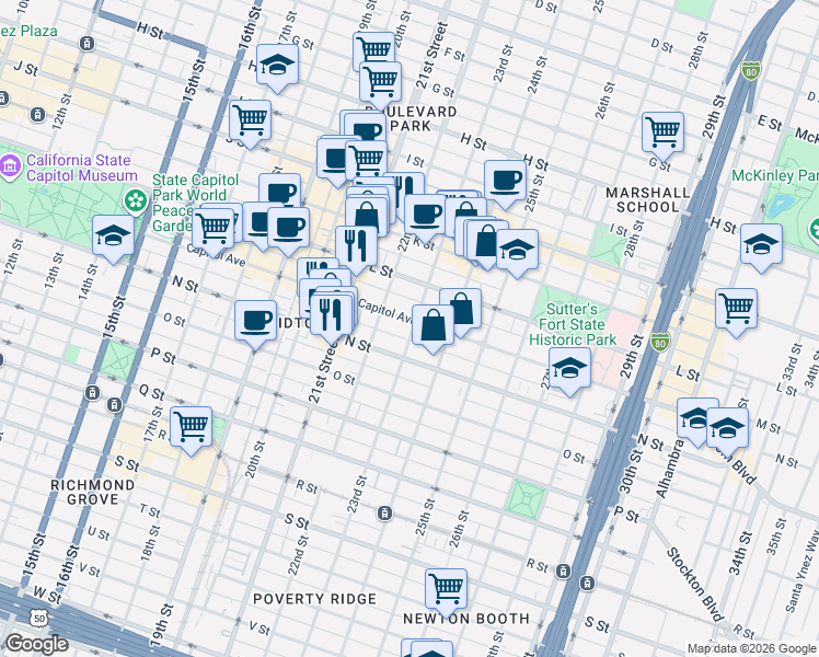 map of restaurants, bars, coffee shops, grocery stores, and more near 2223 Capitol Avenue in Sacramento