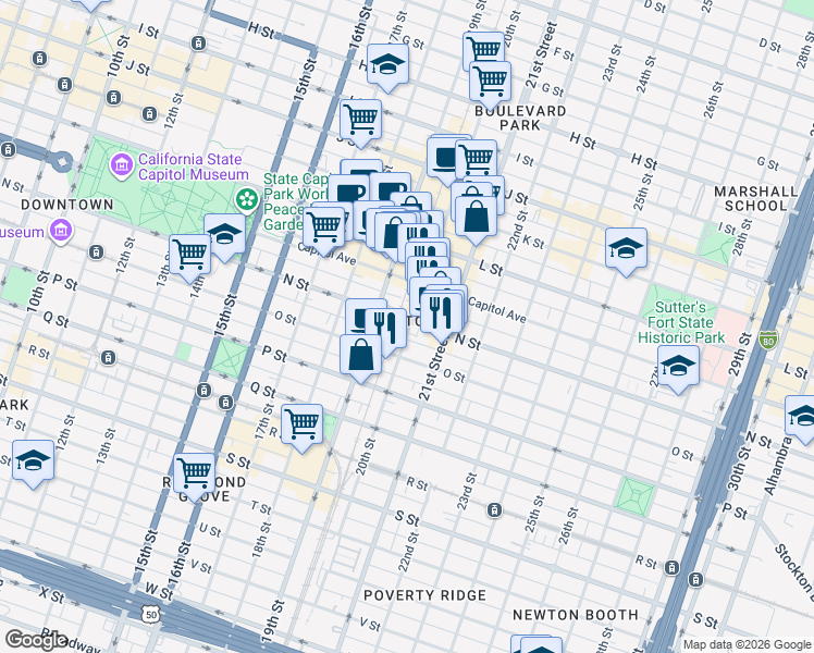 map of restaurants, bars, coffee shops, grocery stores, and more near in Sacramento