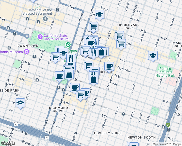 map of restaurants, bars, coffee shops, grocery stores, and more near 1414 18th Street in Sacramento