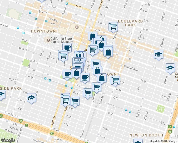 map of restaurants, bars, coffee shops, grocery stores, and more near 1629 O Street in Sacramento