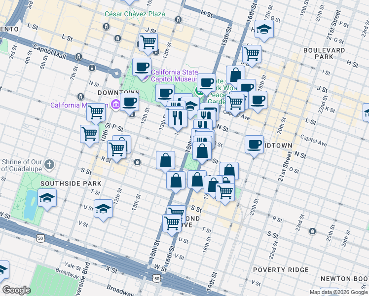 map of restaurants, bars, coffee shops, grocery stores, and more near 1514 15th Street in Sacramento