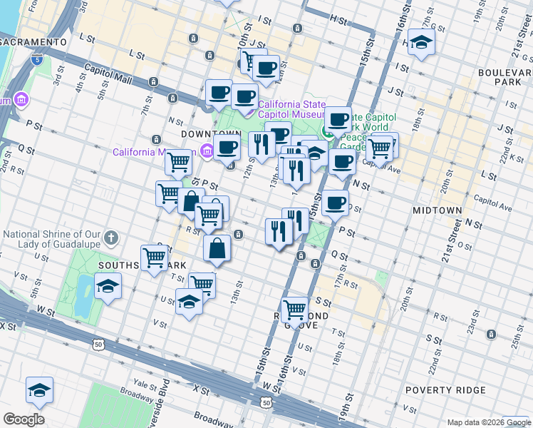map of restaurants, bars, coffee shops, grocery stores, and more near 1238 P Street in Sacramento