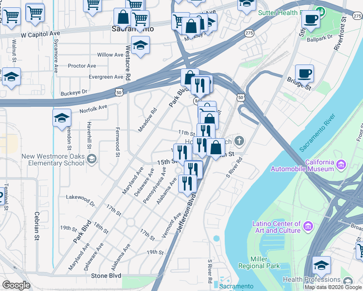 map of restaurants, bars, coffee shops, grocery stores, and more near 1105 Alabama Avenue in West Sacramento