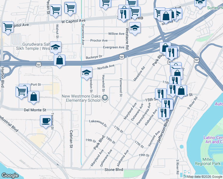 map of restaurants, bars, coffee shops, grocery stores, and more near 1324 Sonora Street in West Sacramento