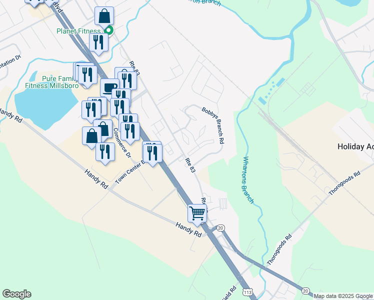 map of restaurants, bars, coffee shops, grocery stores, and more near 121 Nicoles Court in Millsboro