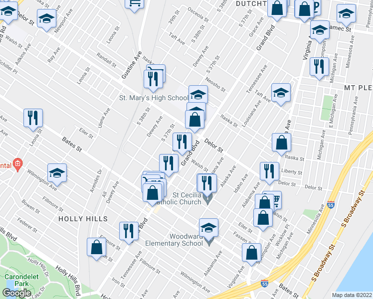 map of restaurants, bars, coffee shops, grocery stores, and more near 5034 Grace Avenue in St. Louis
