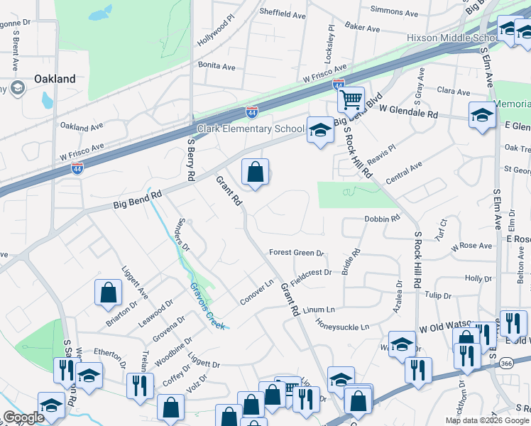 map of restaurants, bars, coffee shops, grocery stores, and more near 1353 Webster Path Drive in Webster Groves