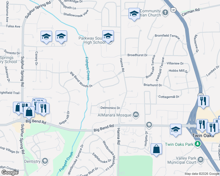 map of restaurants, bars, coffee shops, grocery stores, and more near 815 Posthorn Drive in Ballwin