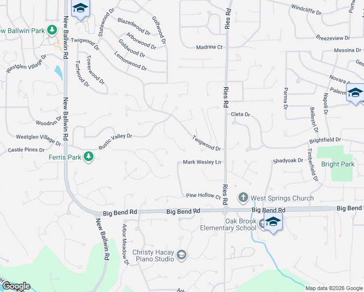 map of restaurants, bars, coffee shops, grocery stores, and more near 518 Vernal Hill Court in Ballwin