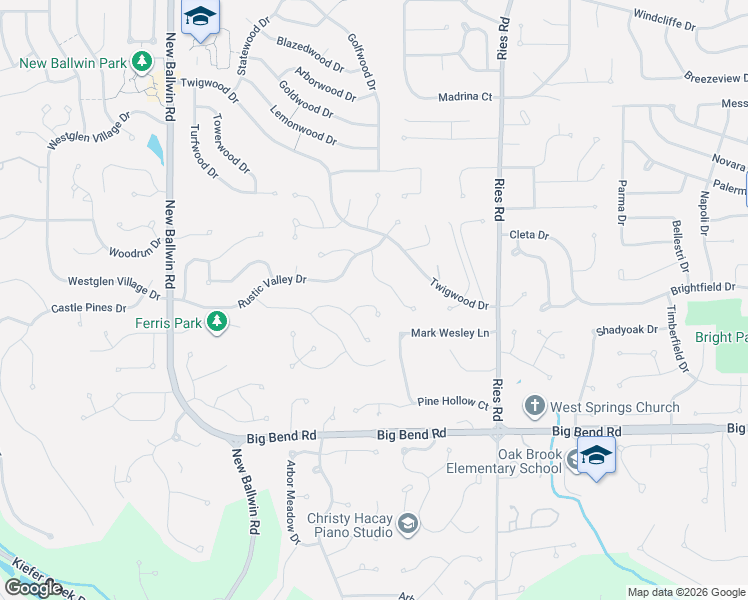 map of restaurants, bars, coffee shops, grocery stores, and more near 525 Vernal Hill Court in Ballwin
