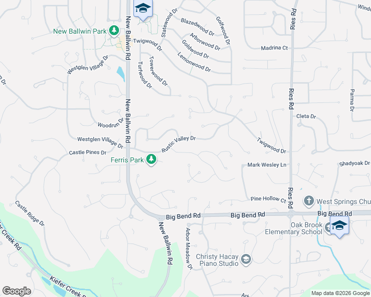 map of restaurants, bars, coffee shops, grocery stores, and more near 664 Rustic Valley Drive in Ballwin