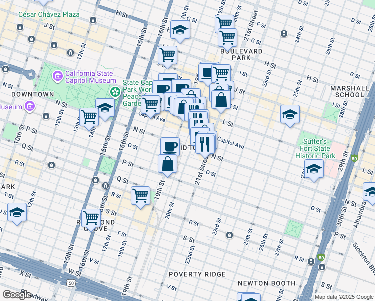 map of restaurants, bars, coffee shops, grocery stores, and more near 1958 N Street in Sacramento