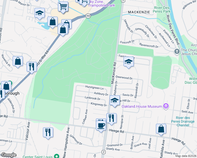 map of restaurants, bars, coffee shops, grocery stores, and more near 6413 Hurstgreen Lane in Saint Louis