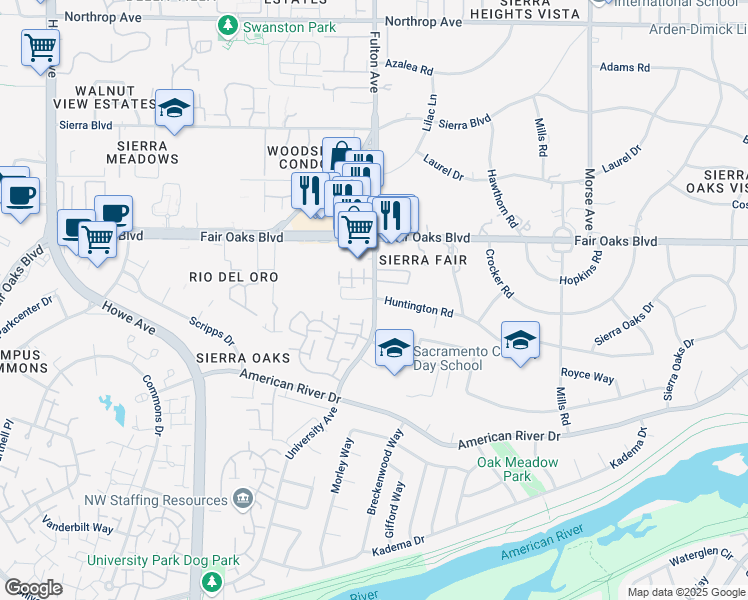 map of restaurants, bars, coffee shops, grocery stores, and more near 345 Munroe Street in Sacramento