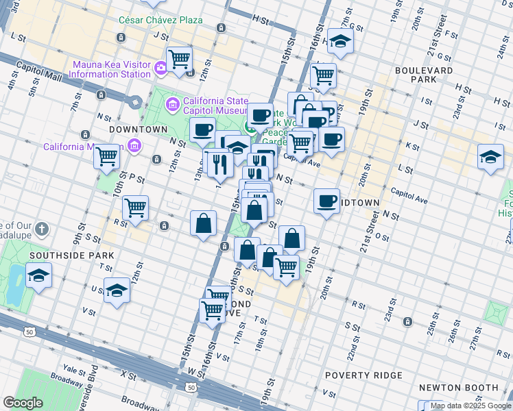map of restaurants, bars, coffee shops, grocery stores, and more near 1510 16th Street in Sacramento