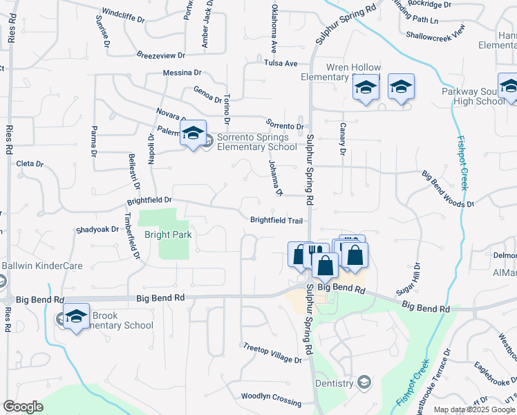 map of restaurants, bars, coffee shops, grocery stores, and more near 5 Rainfield Court in Ballwin