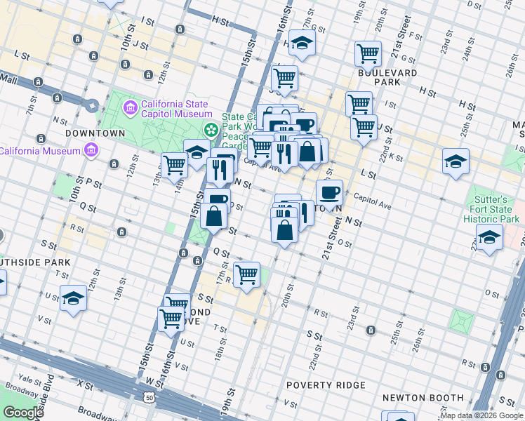 map of restaurants, bars, coffee shops, grocery stores, and more near 1414 18th Street in Sacramento