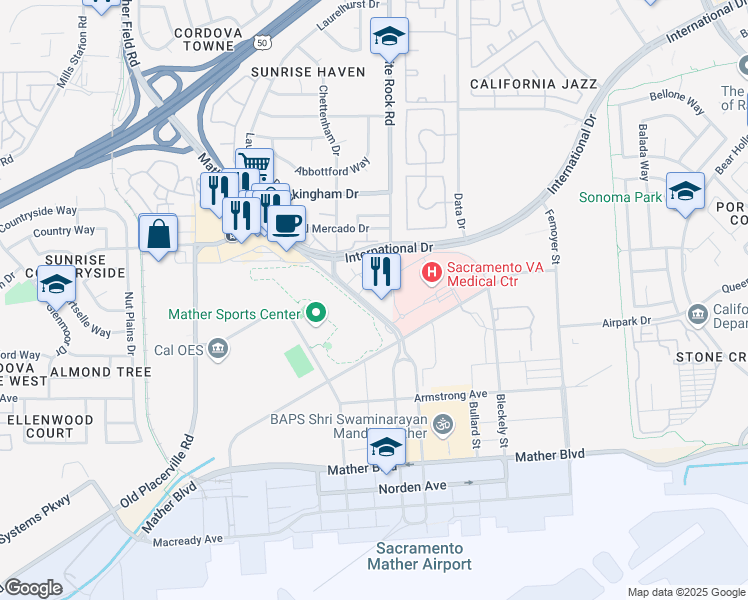 map of restaurants, bars, coffee shops, grocery stores, and more near 3577 Mather Field Road in Rancho Cordova