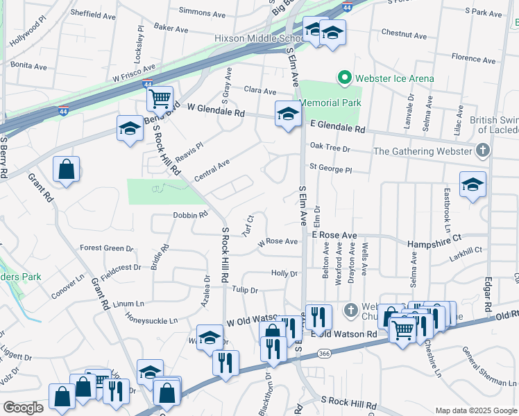 map of restaurants, bars, coffee shops, grocery stores, and more near 112 Firwood Drive in Webster Groves