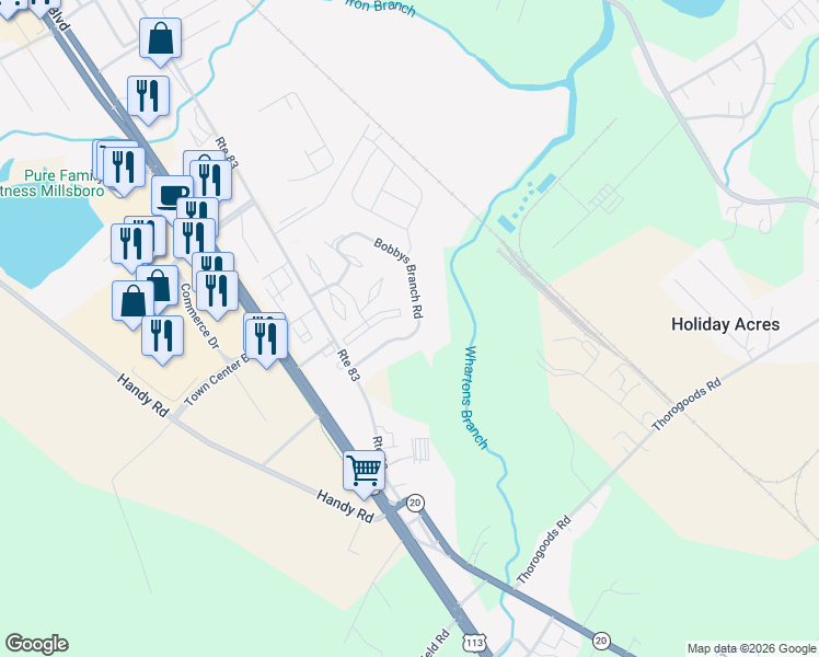 map of restaurants, bars, coffee shops, grocery stores, and more near 137 Bobbys Branch Road in Millsboro