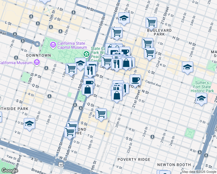 map of restaurants, bars, coffee shops, grocery stores, and more near 1414 18th Street in Sacramento
