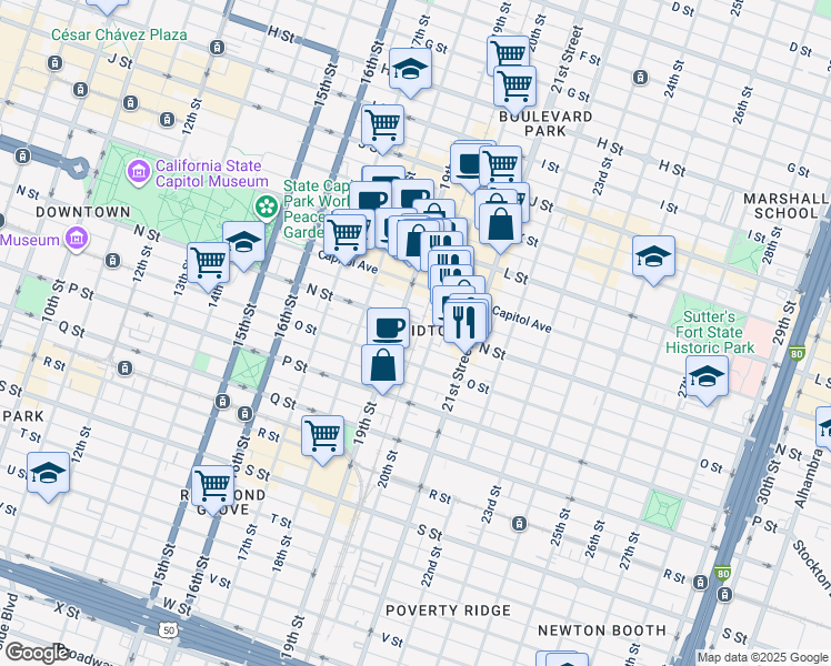 map of restaurants, bars, coffee shops, grocery stores, and more near 1918 N Street in Sacramento