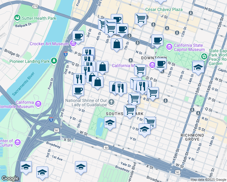 map of restaurants, bars, coffee shops, grocery stores, and more near 1800 7th Street in Sacramento