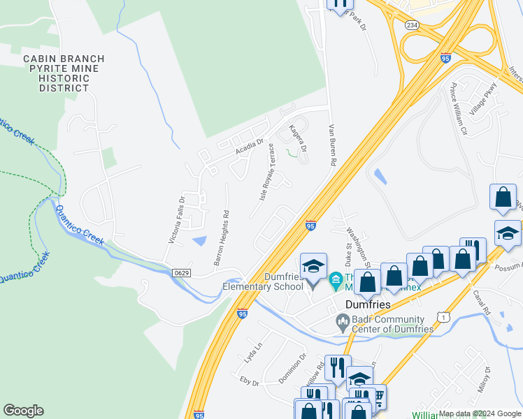 map of restaurants, bars, coffee shops, grocery stores, and more near 17513 Isle Royale Terrace in Dumfries
